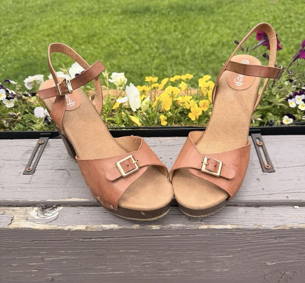 Refresh Cognac Platform Clog Sandals Womens 10 Boho Festival Retro Chunky Heel